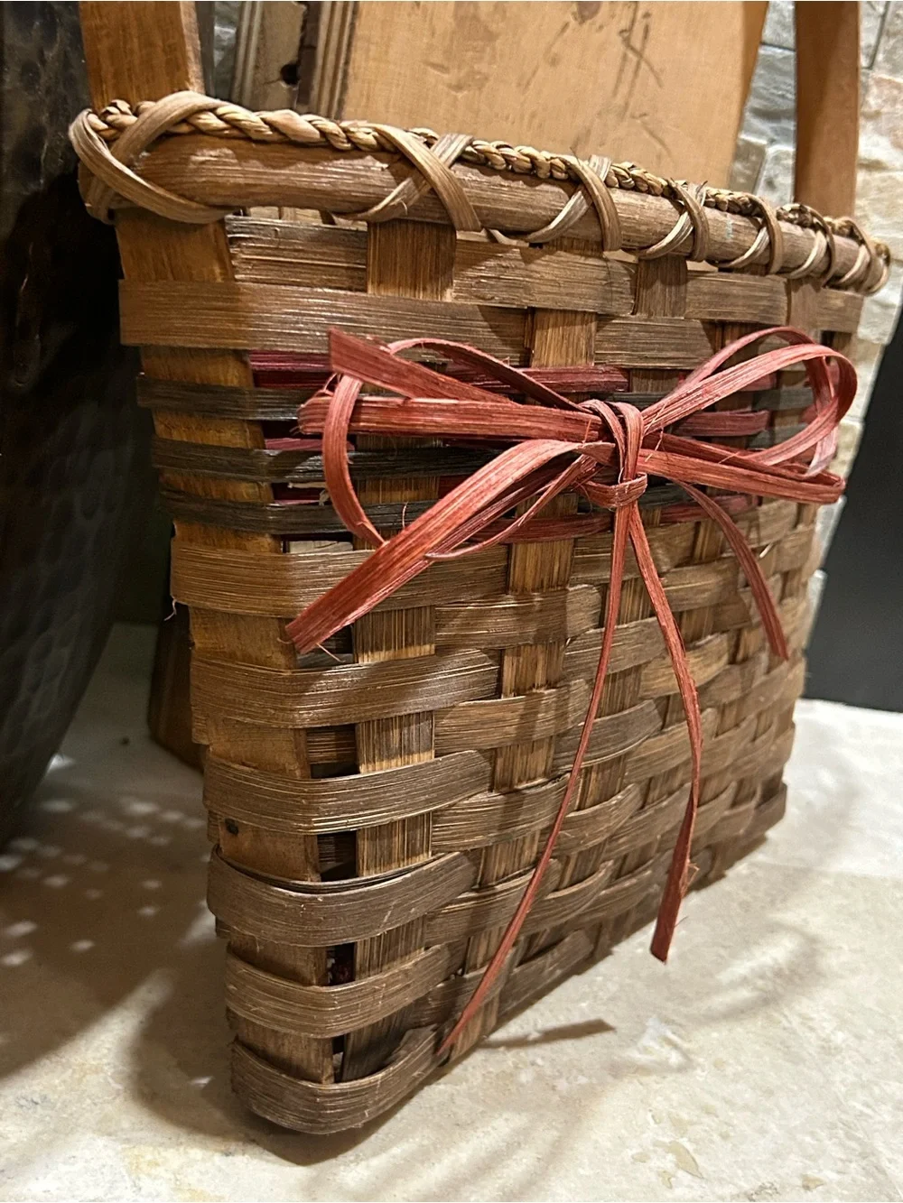 hand-woven wall or door hung wooden splint basket
